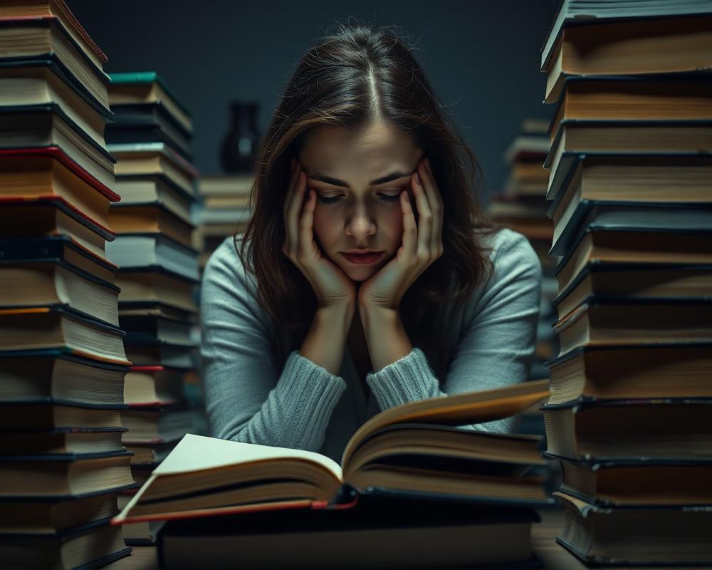 Estudante exausta cercada de livros de teoria