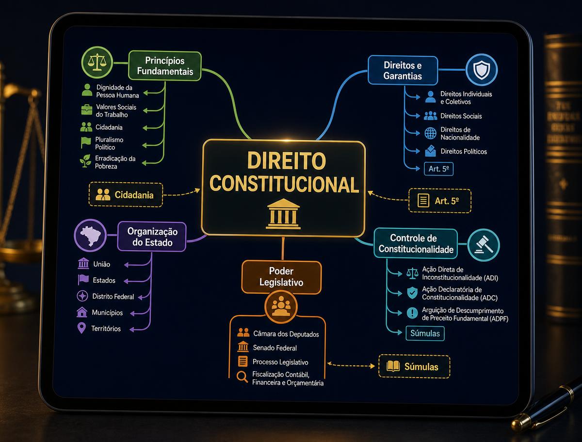 Tablet exibindo mapas mentais esquematizados para concursos